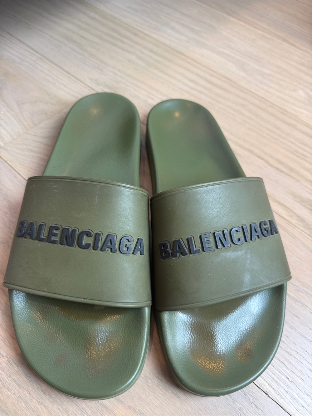 Balenciaga Olive Green Logo Slide Sandals with Black Raised Logo